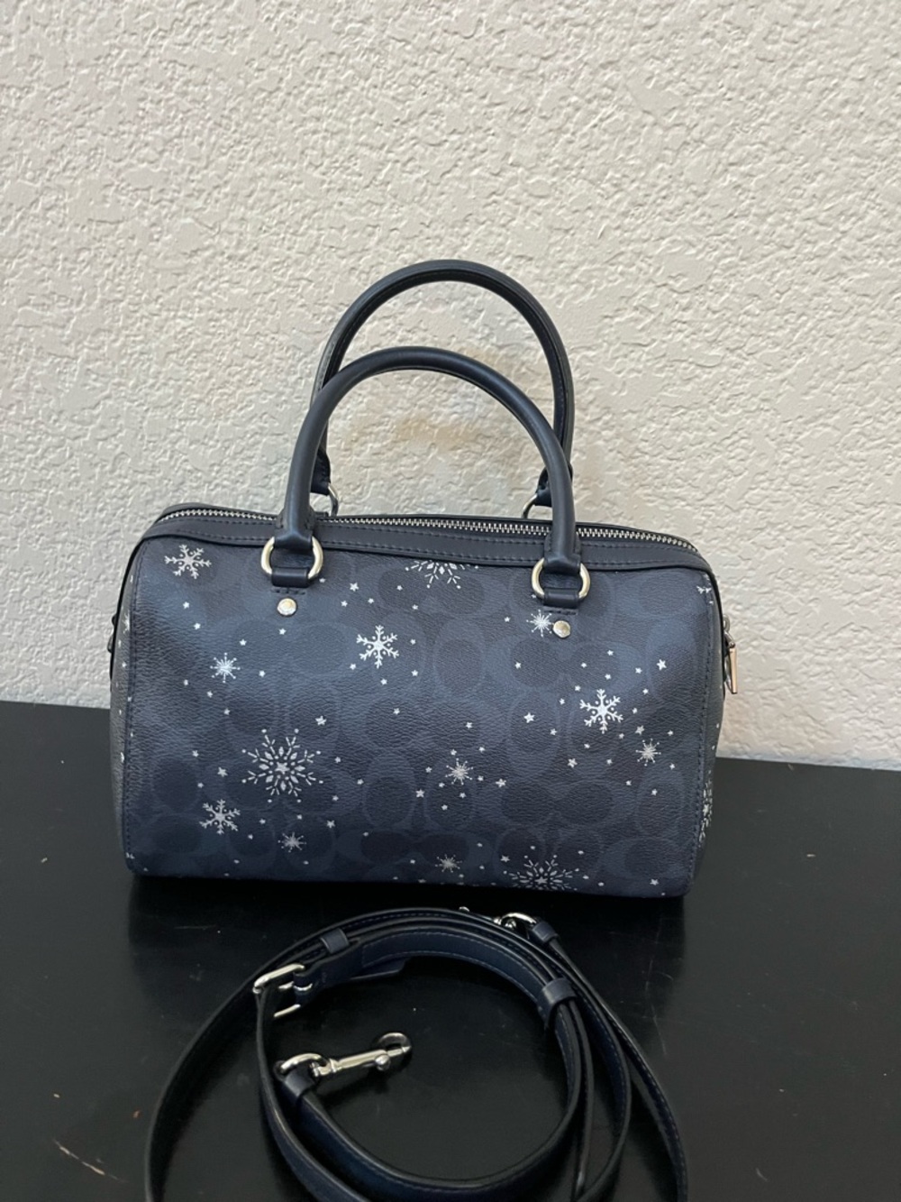 Coach Blue Satchel with White Snowflake Print - Picture 2 of 8